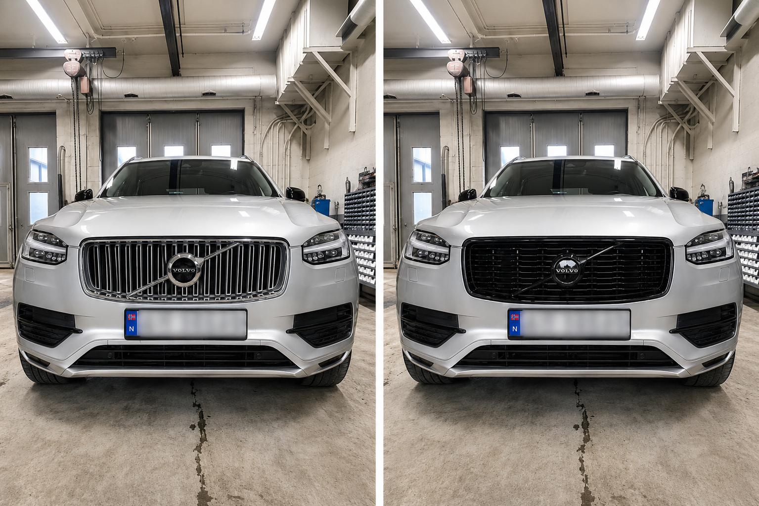 Volvo XC90 før og etter ettermontering av sort høyglansgrill – sammenligning av original kromgrill og sort grill.